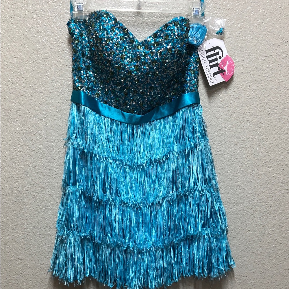 Flirt N.W.T.by Maggie SotteroTurquoise Sequin Fringe Strapless Dress SZ 6 Prom